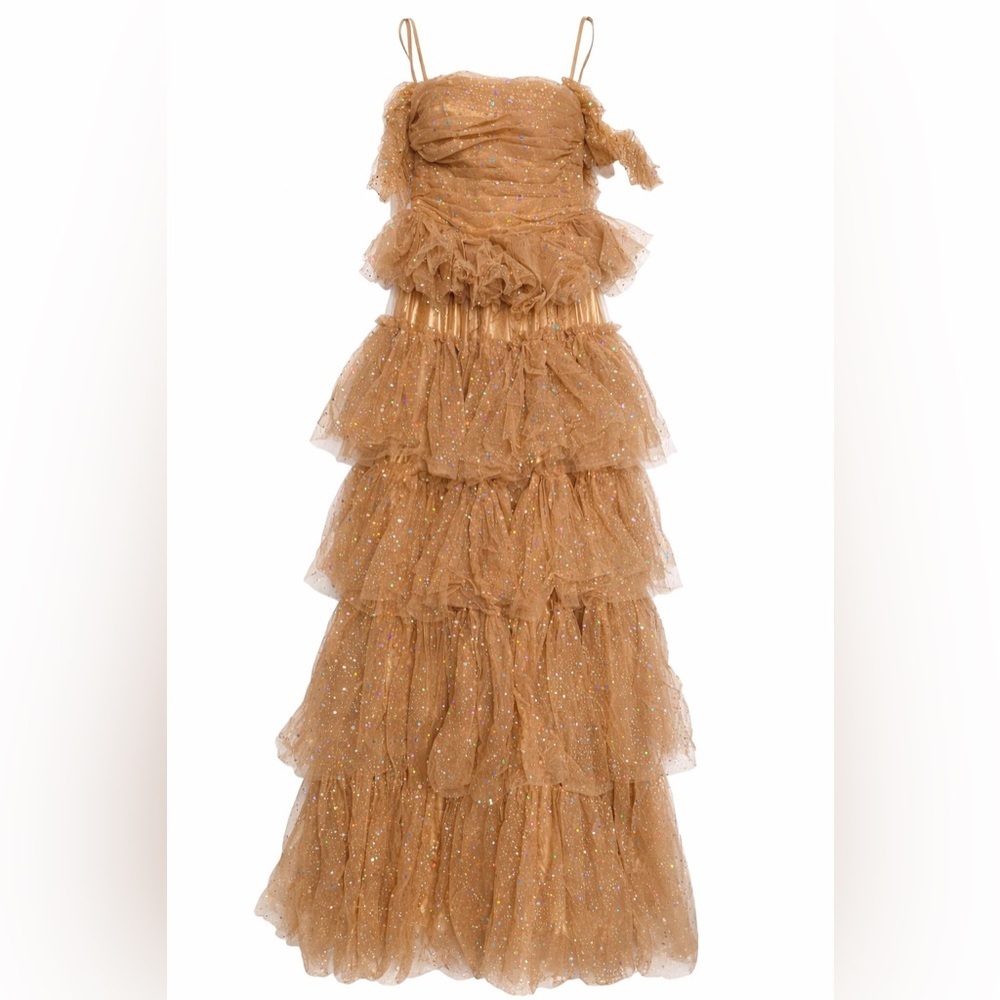 FAERIESTY Beige Strapless Tiered Ruffle Corset Gown NWOT S Fairycore Gala